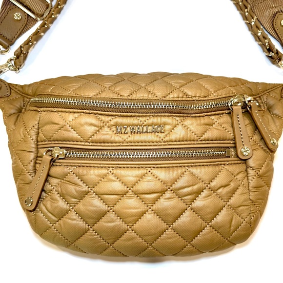 MZ Wallace Small Crosby Sling Bag In Caramel Tan Quilted Nylon W Gold Accents - Picture 2 of 13